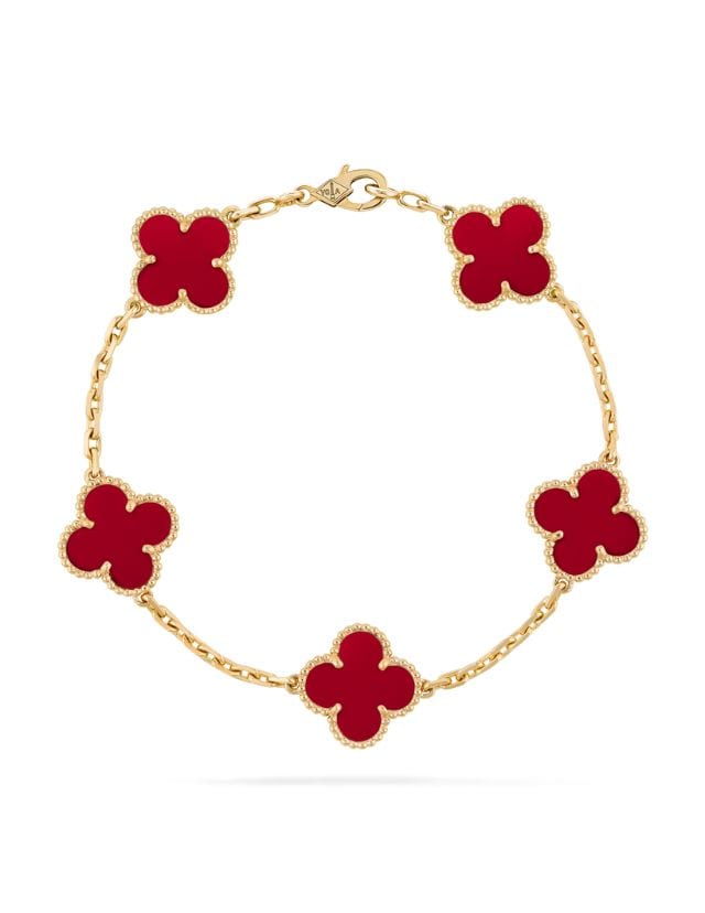 Vintage Alhambra bracelet 5 motifs in 18k yellow gold Carnelian, SGD 7750 (approximately P335,873.38), VAN CLEEF & ARPELS, vancleefarpels.com